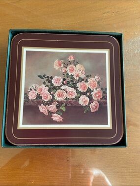 NIB Vintage Royal Table Coasters Set of 6 Rose Pattern Burgundy Border